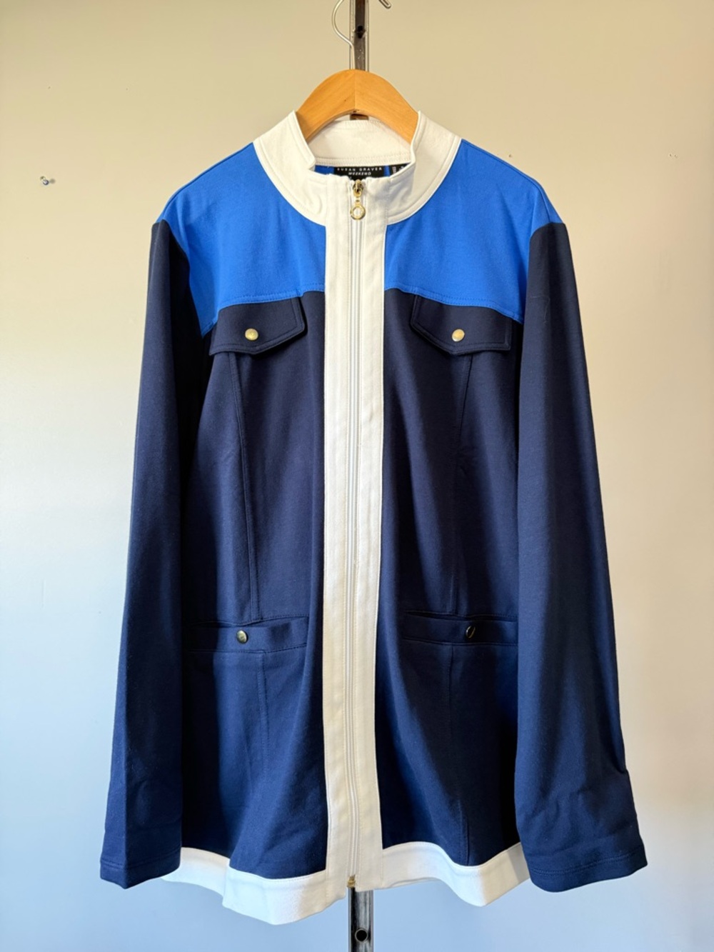 Susan Graver Weekend Colorblock Zip Jacket Navy Blue/White Plus Size 1X